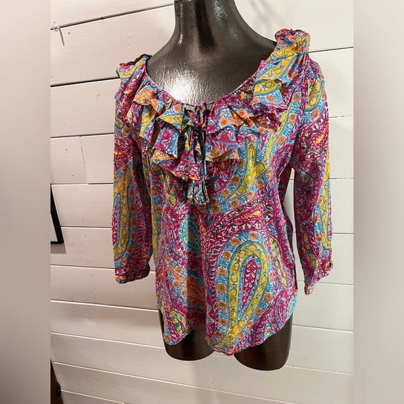 🩷 LAUREN RALPH LAUREN PETITE – Multicolour Paisley Ruffle Blouse – Size PL/G - Picture 8 of 11